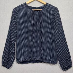 Tommy‎ Hilfiger Navy Blue Polka Dot Blouse Medium Long Sleeve Loose Fit Classic